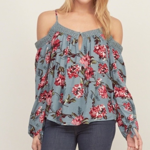 Abercrombie & Fitch Tops - Abercrombie & Fitch Women S Blue Floral Long Sleeve Cold Shoulder Keyhole Blouse
